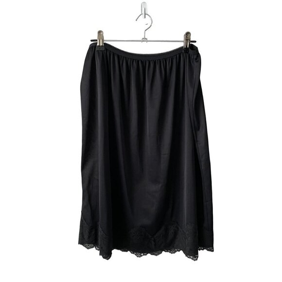 VINTAGE 80s Womens Elastic Waist Slip Skirt Lace Hem Black Large - Picture 2 of 6
